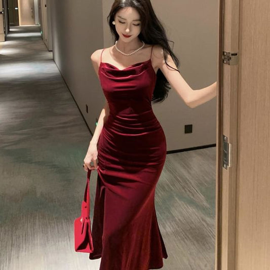 Cowl Neck Slit Mermaid Midi Dress