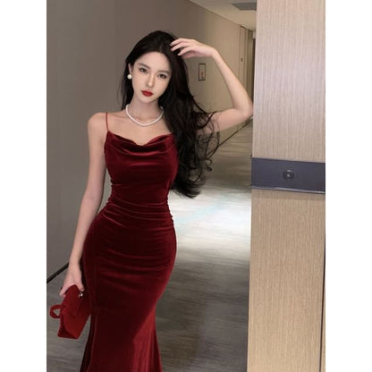 Cowl Neck Slit Mermaid Midi Dress