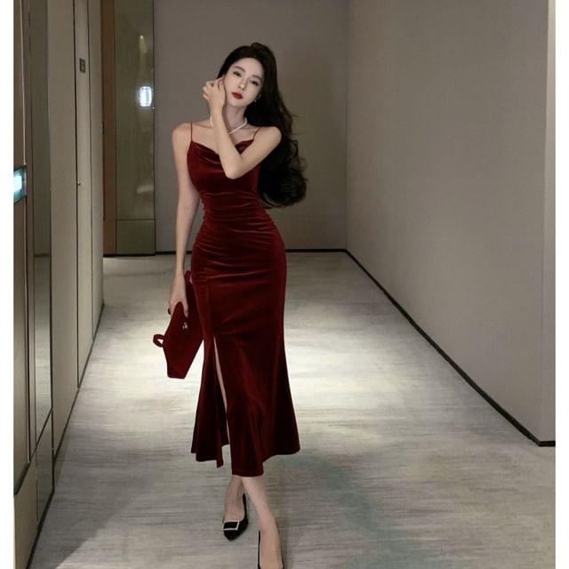 Cowl Neck Slit Mermaid Midi Dress