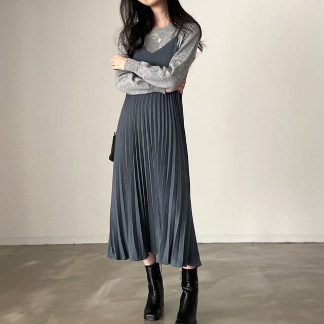 Pleated V-Neck A-Line Midi Dress