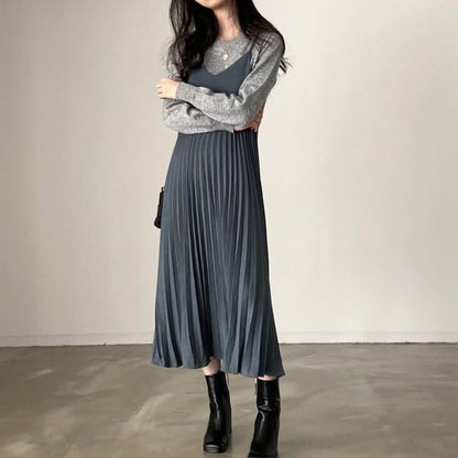 Pleated V-Neck A-Line Midi Dress