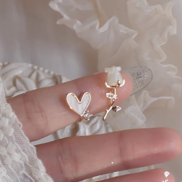 Rose Alloy Earring Stud Rhinestone Heart Asymmetrical