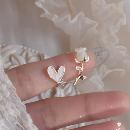 Rose Alloy Earring Stud Rhinestone Heart Asymmetrical