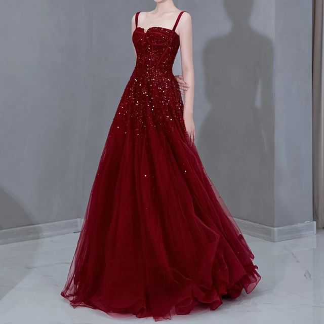 Sequin Mesh A-Line Evening Gown