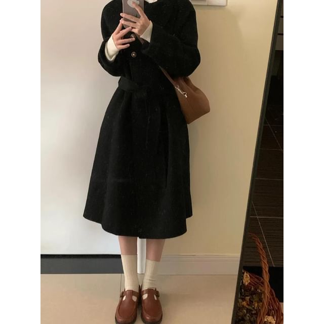 Collared Button-Up Wrapped Plain Long Coat