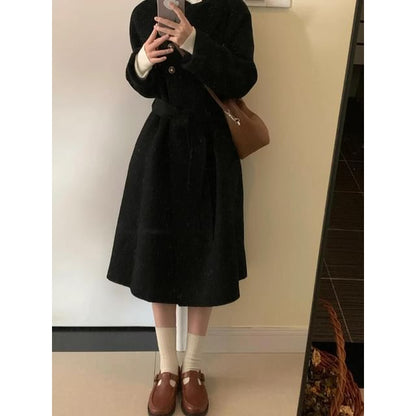 Collared Button-Up Wrapped Plain Long Coat