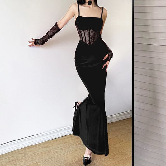 Lace Corset Maxi Sheath Dress & Arm Sleeves Set