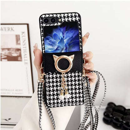 Lanyard Phone Cat Case Pearl Faux Houndstooth