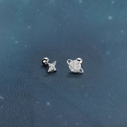 Rhinestone Barbell Star Earring Silver Sterling Asymmetrical