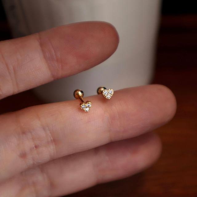 Barbell Rhinestone Earring Silver Heart Sterling