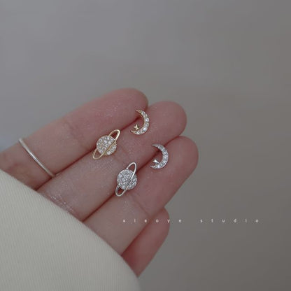 Stud Asymmetrical Rhinestone Silver Moon Earring Sterling