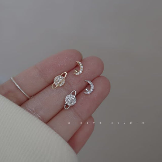 Stud Asymmetrical Rhinestone Silver Moon Earring Sterling