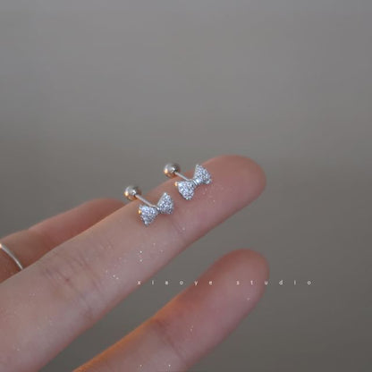 Earring Silver Barbell Rhinestone Bow Sterling