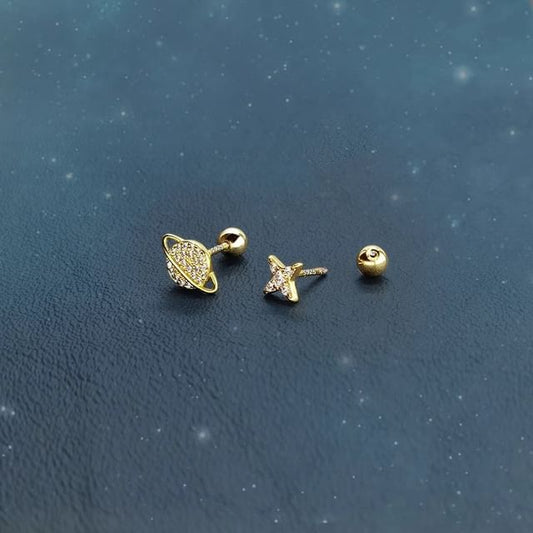 Rhinestone Barbell Star Earring Silver Sterling Asymmetrical