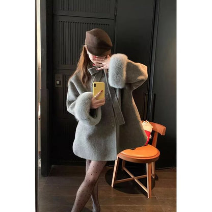 Fluffy Cuff Plain Tie Front Button Coat