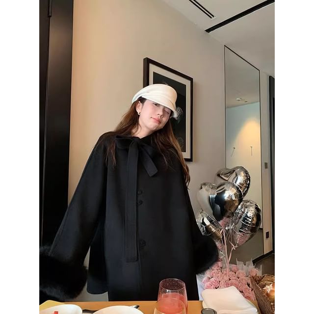 Fluffy Cuff Plain Tie Front Button Coat