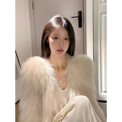 V-Neck Plain Faux Fur Jacket