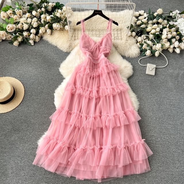 Frill Trim Tiered Open Back Mesh A-Line Maxi Dress