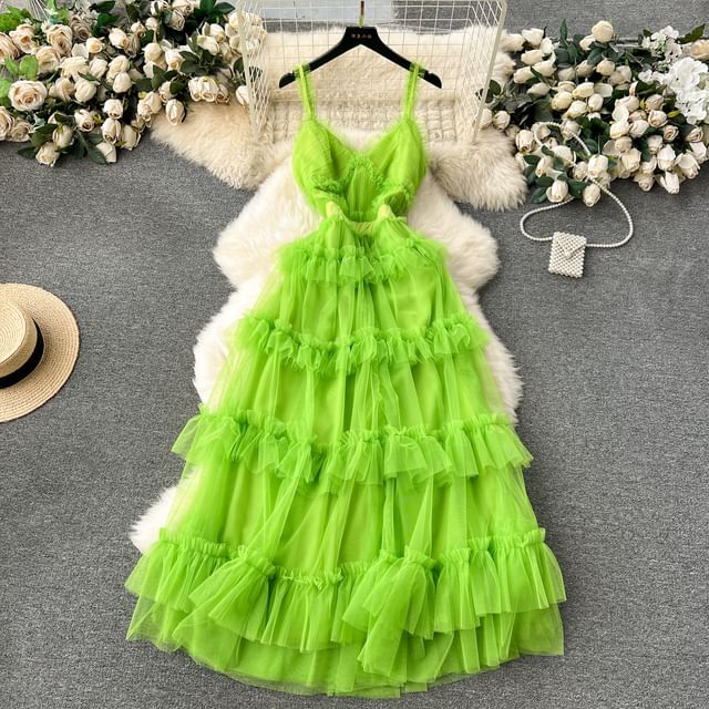 Frill Trim Tiered Open Back Mesh A-Line Maxi Dress