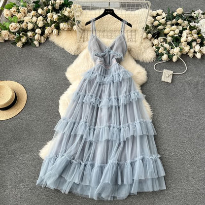 Frill Trim Tiered Open Back Mesh A-Line Maxi Dress