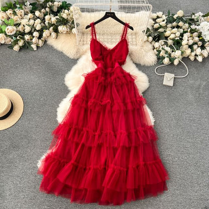 Frill Trim Tiered Open Back Mesh A-Line Maxi Dress