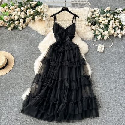 Frill Trim Tiered Open Back Mesh A-Line Maxi Dress