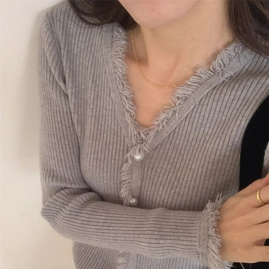 Long-Sleeve V-Neck Fringed Button Ribbed Knit Top