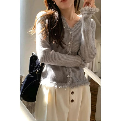 Long-Sleeve V-Neck Fringed Button Ribbed Knit Top