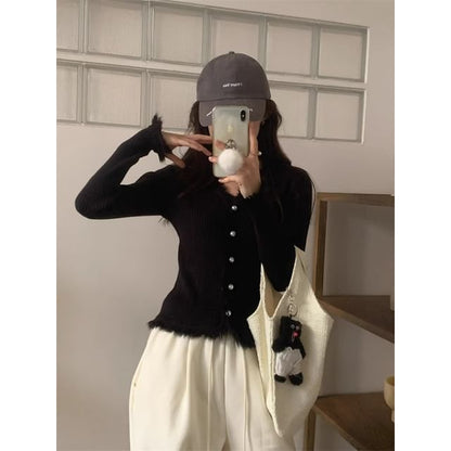 Long-Sleeve V-Neck Fringed Button Ribbed Knit Top