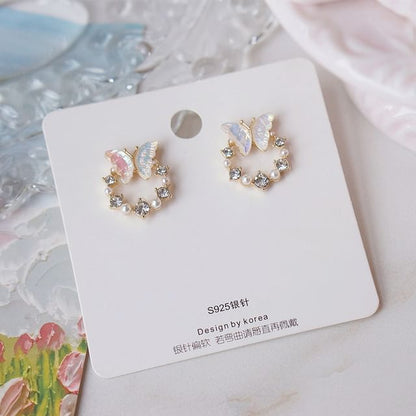 Faux Rhinestone Stud Alloy Butterfly Pearl Earring
