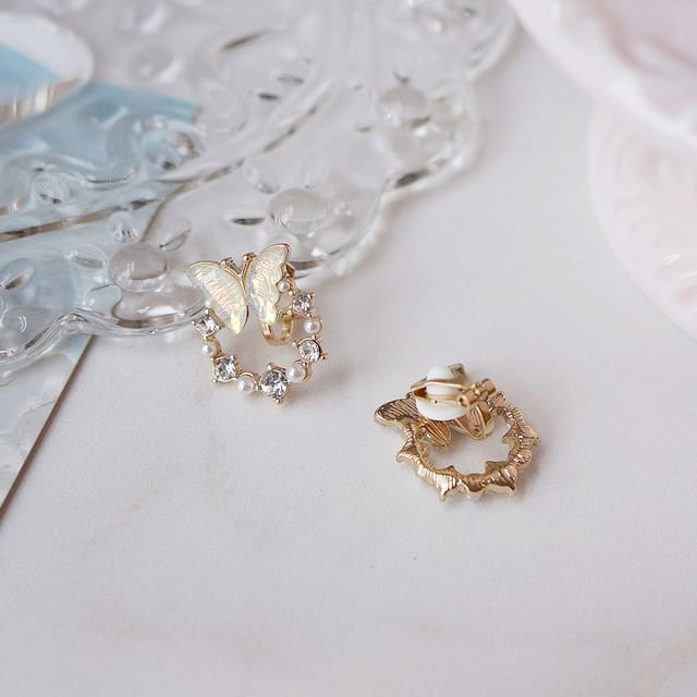 Faux Rhinestone Stud Alloy Butterfly Pearl Earring