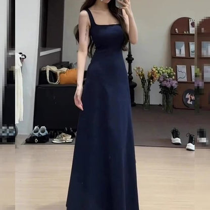 Sleeveless Square Neck Plain Maxi A-Line Dress