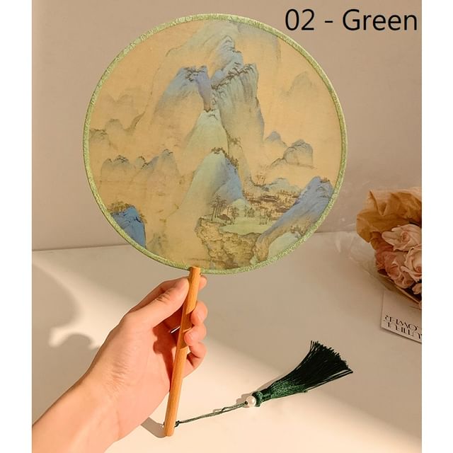 Hand Fan Embroidered Tassel Print /