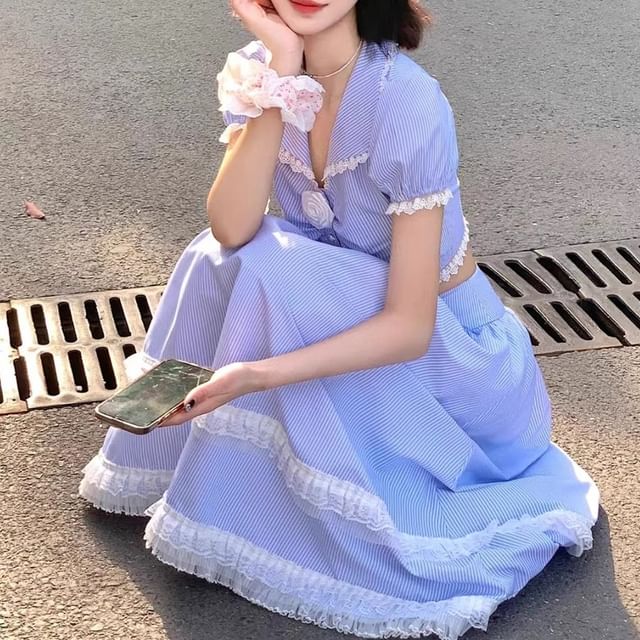 Set: Short-Sleeve Collared Flower Detail Ruched Crop Blouse + High Rise Ruffle Midi A-Line Skirt