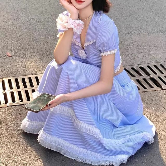 Set: Short-Sleeve Collared Flower Detail Ruched Crop Blouse + High Rise Ruffle Midi A-Line Skirt