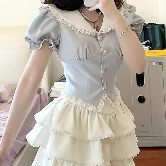 Puff Sleeve Contrast Collar Lace Trim Blouse / High Waist Plain Ruffle Tiered Mini A-Line Skirt / Set