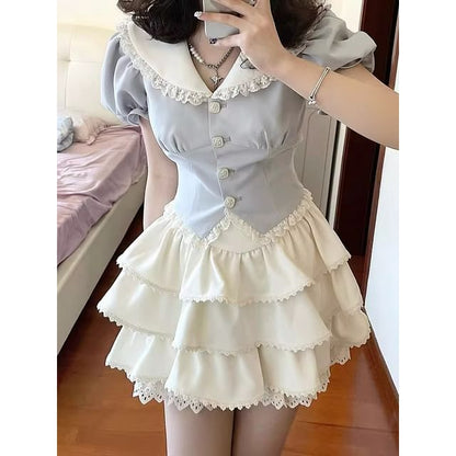 Puff Sleeve Contrast Collar Lace Trim Blouse / High Waist Plain Ruffle Tiered Mini A-Line Skirt / Set
