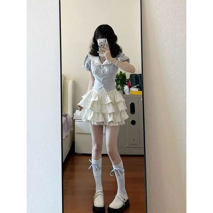 Puff Sleeve Contrast Collar Lace Trim Blouse / High Waist Plain Ruffle Tiered Mini A-Line Skirt / Set