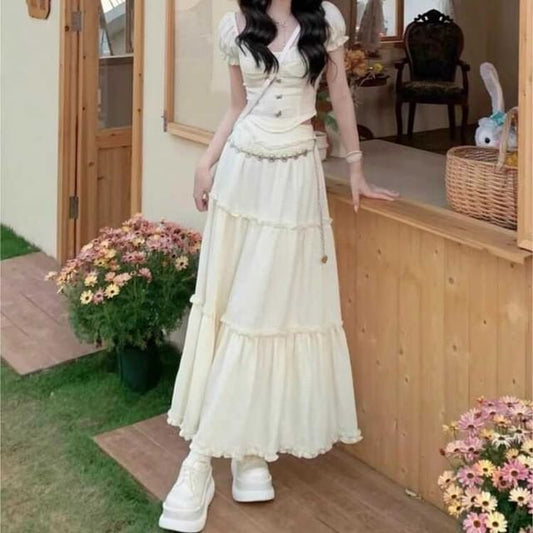 Set: Puff-Sleeve Plain Crop Top + High Waist Ruffle Maxi A-Line Skirt