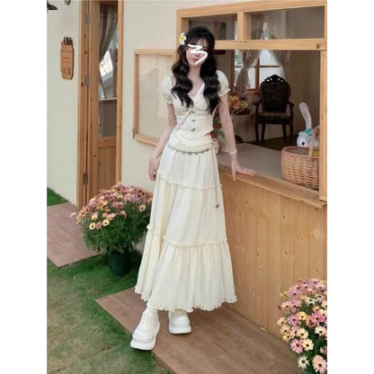 Set: Puff-Sleeve Plain Crop Top + High Waist Ruffle Maxi A-Line Skirt