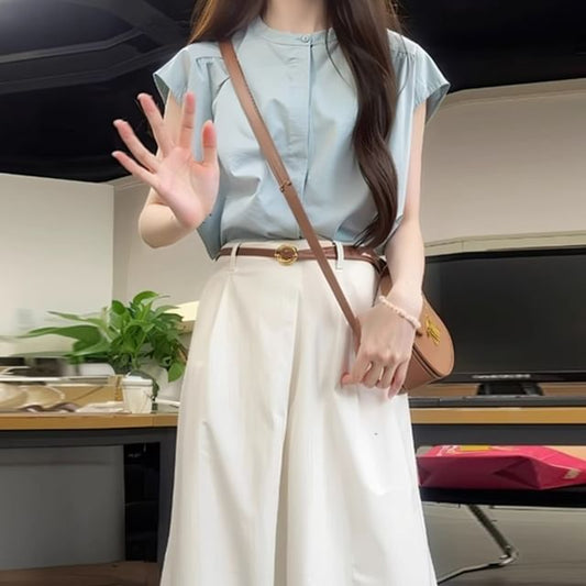 Sleeveless Plain Blouse / High Waist Maxi A-Line Skirt / Set