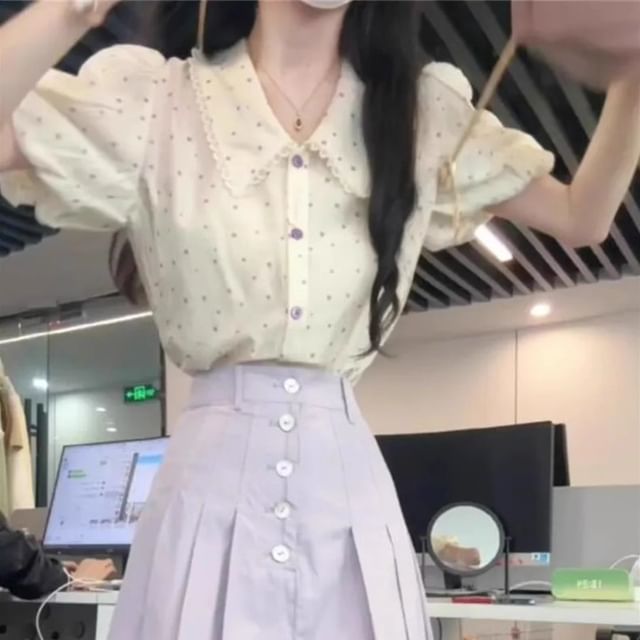 Short-Sleeve Dotted Shirt / High Rise Plain Midi A-Line Skirt / Set