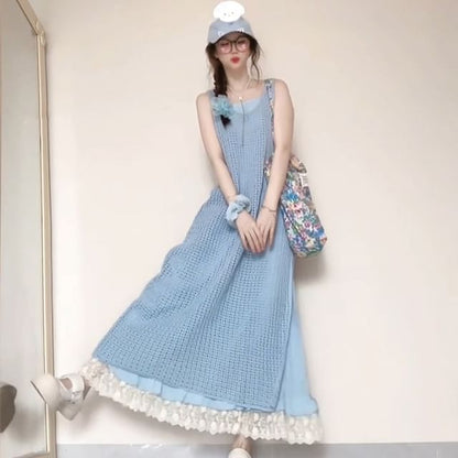 Spaghetti  Strap Lace Trim Midi A-Line Dress / Plaid Jumper Dress / Set