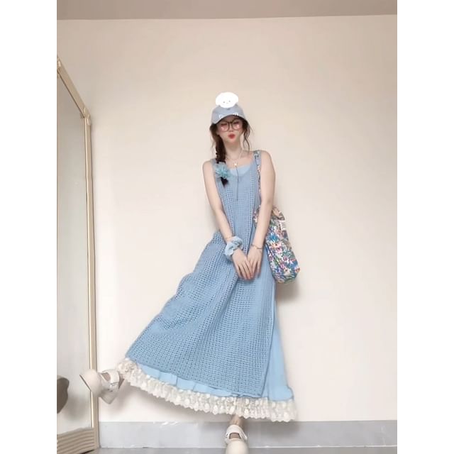 Spaghetti  Strap Lace Trim Midi A-Line Dress / Plaid Jumper Dress / Set