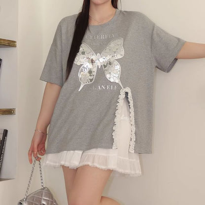 Short-Sleeve Round Neck Butterfly Print Frill Slit Tee