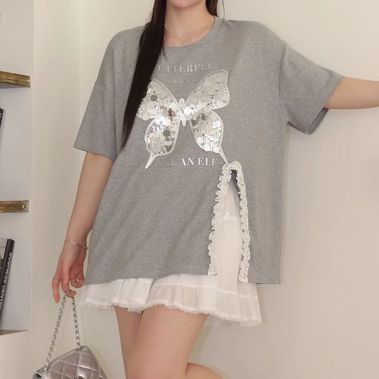 Short-Sleeve Round Neck Butterfly Print Frill Slit Tee