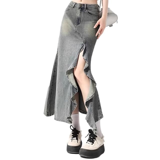 Ruffled High-Waist Denim Mermaid Skirt