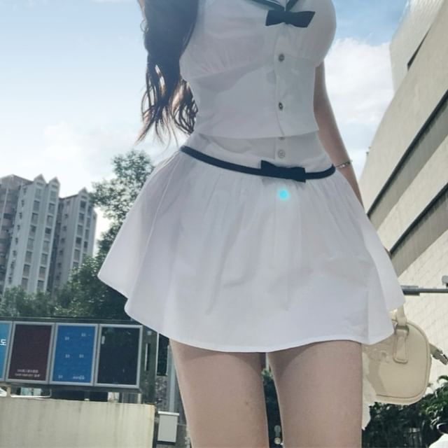 Sailor Collar Sleeveless Crop Top with Mini Flared Skirt