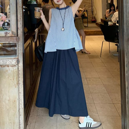 Striped Asymmetrical Sleeveless Blouse with Midi A-Line Skirt