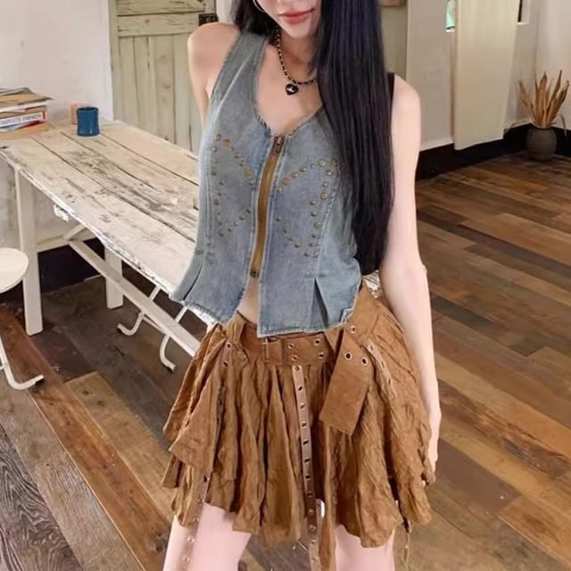 Studded Denim Crop Zip Vest with Asymmetrical Mini Skirt